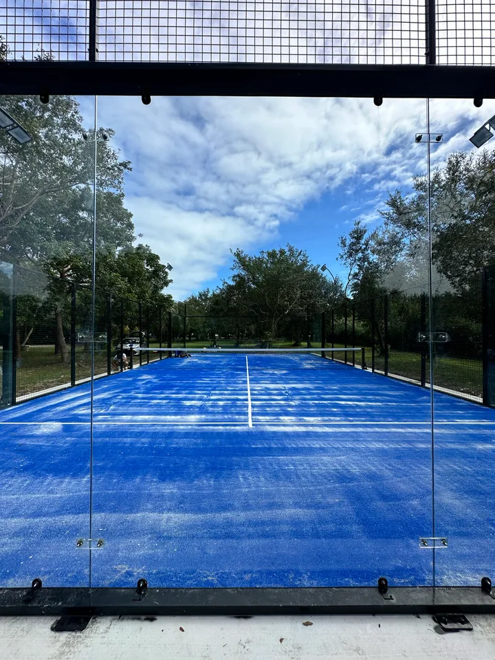 Blue padel court viewed through the back glass, surrounded by trees.